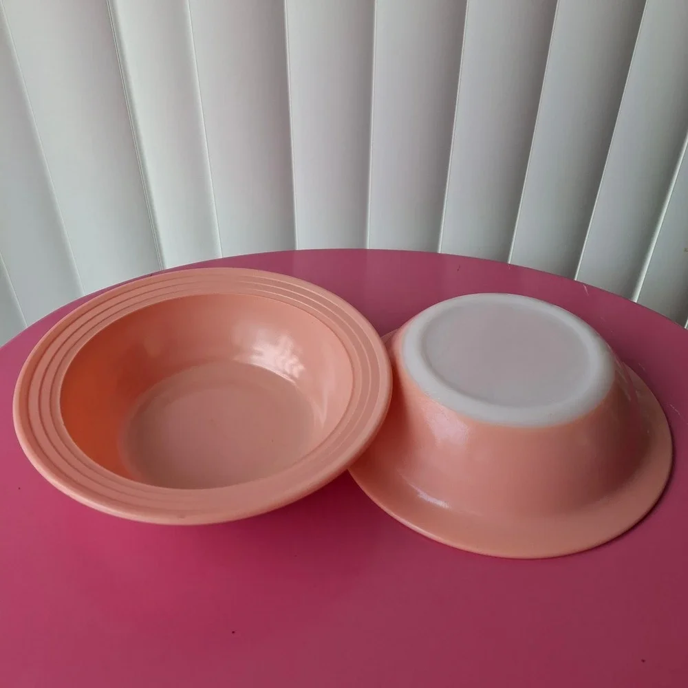 Hazel Atlas Moderntone Peach/Pink Milk Glass Soup Bowls Set of 2 Vintage MCM